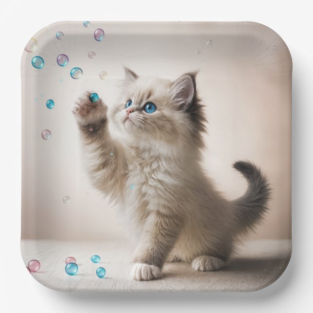Plato De Papel Ragdoll Kitten Jugando Con Burbujas (Anverso)