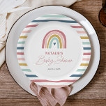 Plato De Papel Rainbow Boho Pink Blue Baby Shower<br><div class="desc">Los platos de papel de Baby Shower del Rainbow Boho Pink Blue presentan un adorable dúo de arcoiris en tonos rosa,  rubor,  mostaza,  agua y marina,  junto con caligrafía moderna.</div>