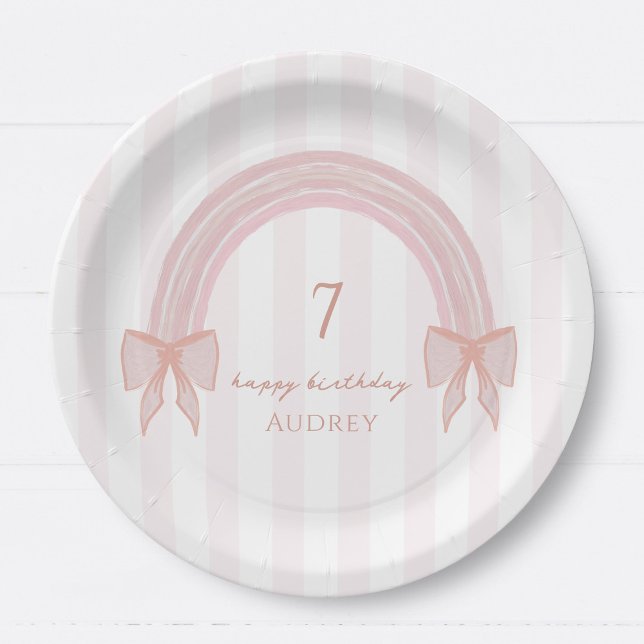 Plato De Papel Rainbow Fancy Pink Bows Coquette Cumpleaños (Subido por el creador)