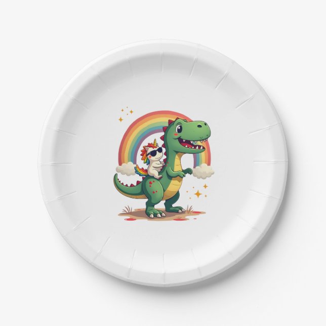 Plato De Papel Rainbow Unicorn Riding T rex - Dinosaur Boys Girls (Anverso)