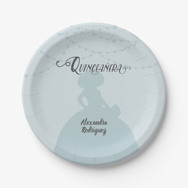 Plato De Papel Rainy Day Blue Charro Silhouette Quinceanera (Anverso)