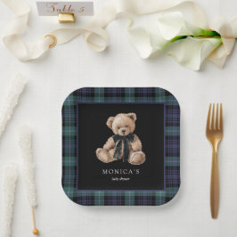 Plato De Papel Ralph Teddy Bear Navy Green Plaid Baby Shower