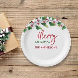 Plato De Papel Rama de acuarela roja y verde de Feliz Navidad