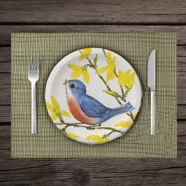 Plato De Papel Rama de árbol de pájaros azules canto
