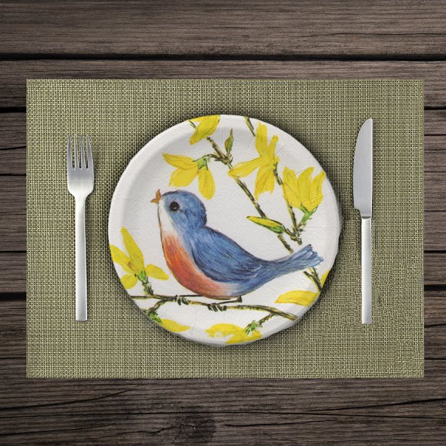 Plato De Papel Rama de árbol de pájaros azules canto (Cute red and blue bird on branches with yellow flowers on white paper plates.)