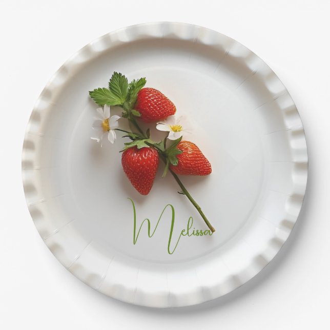 Plato De Papel Rama de Fresa Personalizada Flor Hoja Nombre  (Anverso)