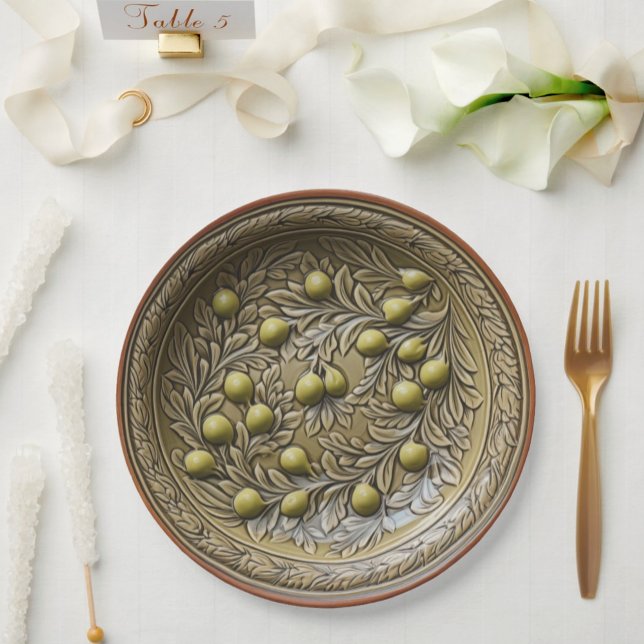 Plato De Papel Rama de oliva Faux Cerámica Mediterránea (Faux Italian Pottery in 3D - Green Olives European Pottery Inspired Paper Plates - Wedding and Party)