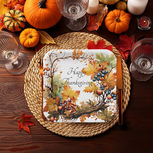 Plato De Papel Rama de otoño con hojas y bayas personalizadas