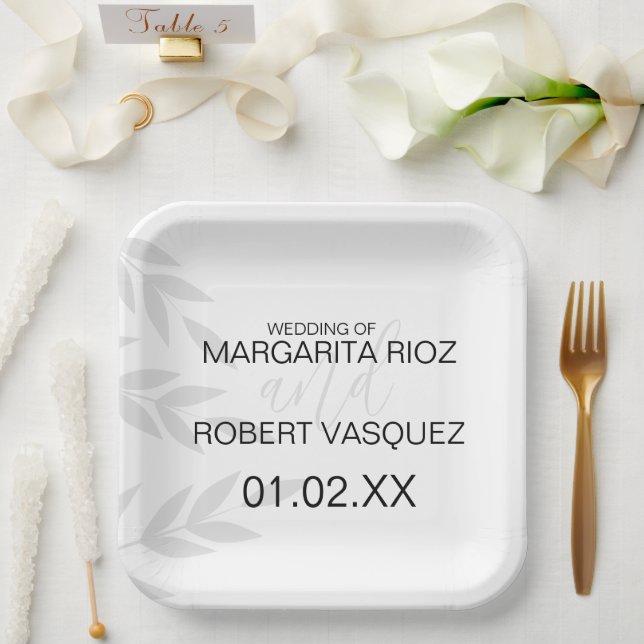 Plato De Papel Rama moderna Blanco gris negro (Boda)