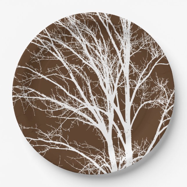 Plato De Papel Ramas de árbol blanco marrón (Anverso)
