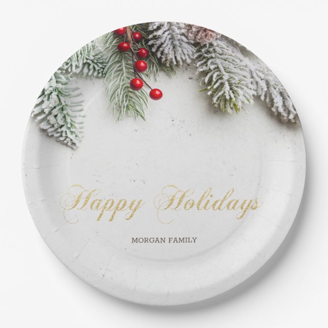 Plato De Papel Ramas de árbol de pino nieve Navidad (Anverso)
