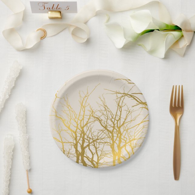 Plato De Papel Ramas de árbol doradas Patrón Fondo beige  (Boda)