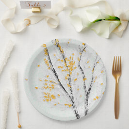 Plato De Papel Ramas de árboles de otoño con hojas amarillas de o