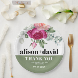 Plato De Papel Ramas de eucalipto con rosas rosadas boda floral