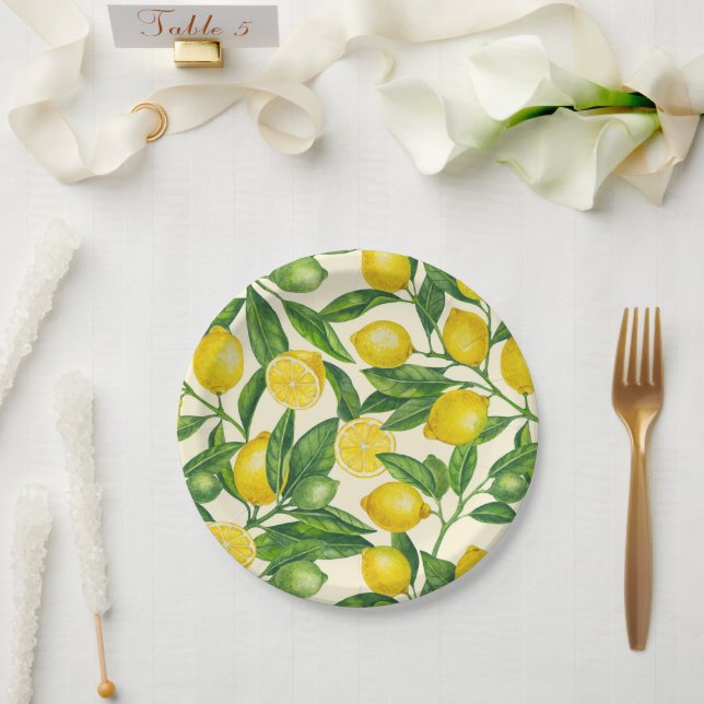 Plato De Papel Ramas de limón en verde y amarillo (Boda)