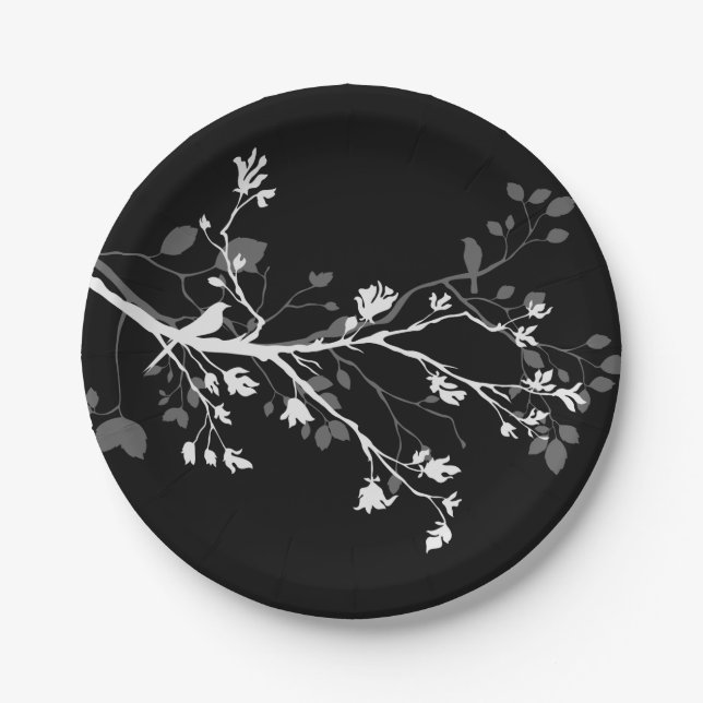 Plato De Papel Ramas de pájaro negro gris blanco (Anverso)