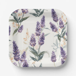 Plato De Papel Ramilletes de lavanda botánico acuarela floral púr