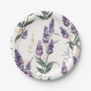 Plato De Papel Ramilletes de lavanda Botánico acuarela Floral púr