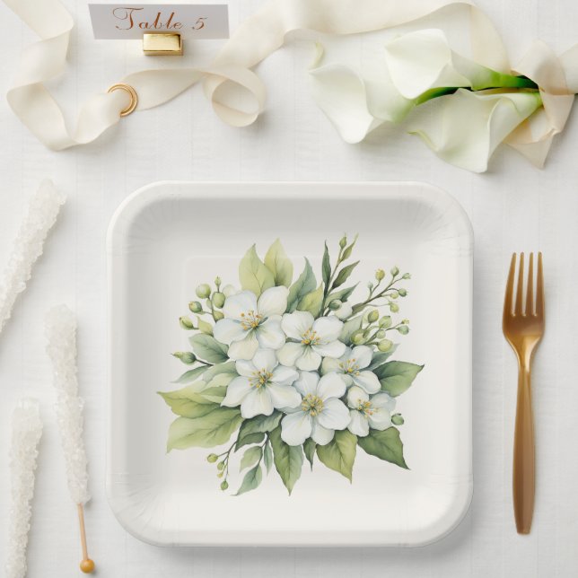 Plato De Papel Ramo de flor de manzano blanca acuarela (Boda)