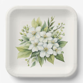 Plato De Papel Ramo de flor de manzano blanca acuarela