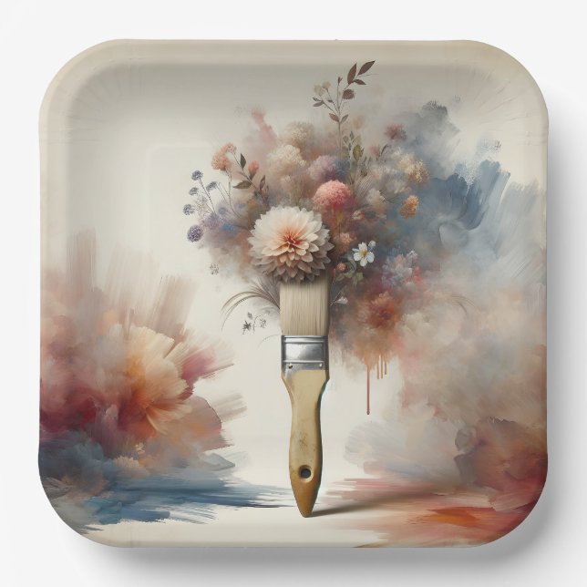 Plato De Papel Ramo de flores con pincel soñador (Anverso)