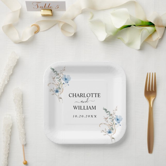 Plato De Papel ramo de flores de acuarela azules polvorientos rús (Boda)