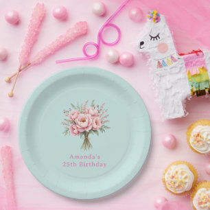 Plato De Papel Ramo de flores de peonía rosa bonito cumpleaños