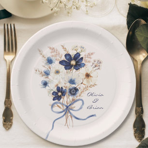 Plato De Papel Ramo de flores personalizado de acuarela azul mari
