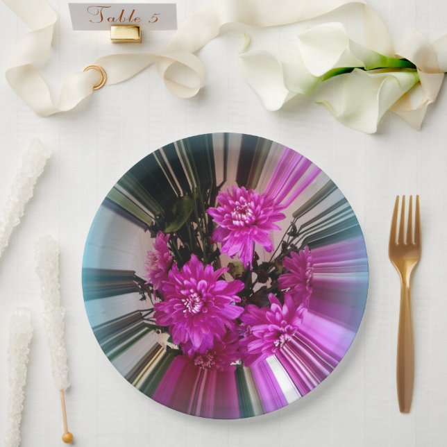 Plato De Papel Ramo de flores rosadas con flores a rayas (Boda)