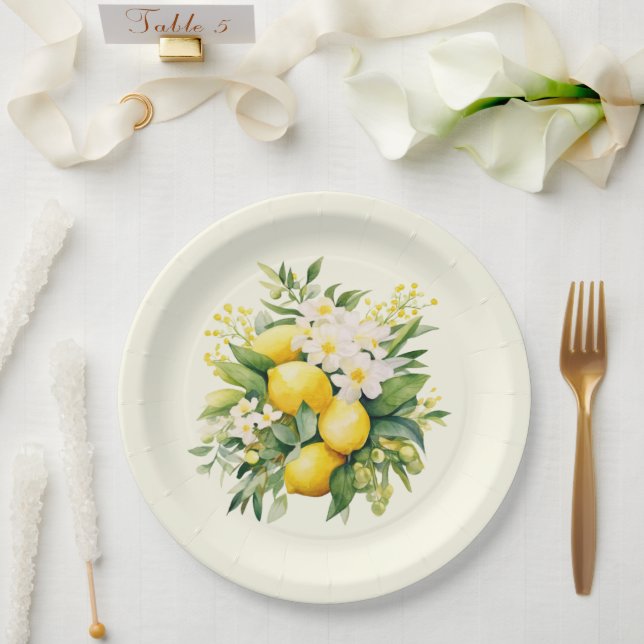 Plato De Papel Ramo de limón con flores blancas (Boda)