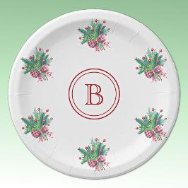 Plato De Papel Ramo de Navidad inicial, rojo y verde