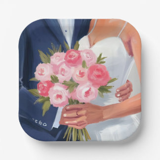 Plato De Papel Ramo de novia y novio pintado a la acuarela