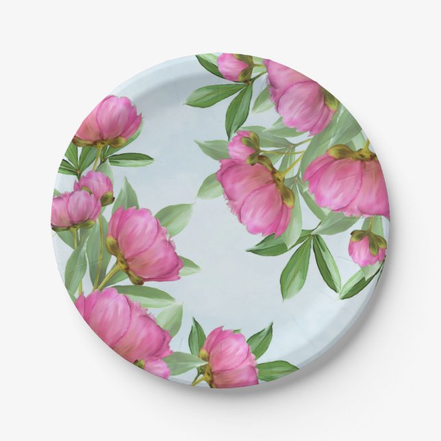 Plato De Papel Ramo de Peonías Rosadas Hermosas (Anverso)