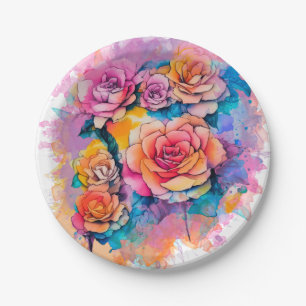 Plato De Papel Ramo de rosas con manchas de pintura acrílica mode