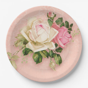 Plato De Papel Ramo de rosas rosadas y blancas