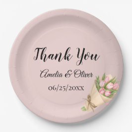 Plato De Papel Ramo de Tulipanes Rosados Elegantes Boda