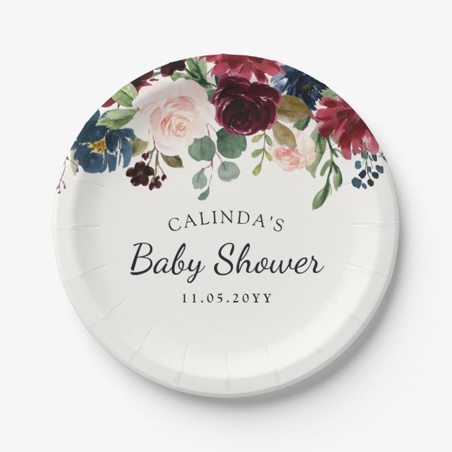Plato De Papel Ramo el | Baby Shower de Borgoña (Anverso)