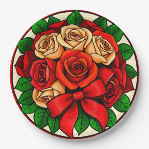 Plato De Papel Ramo elegante de rosas rojas y blancas