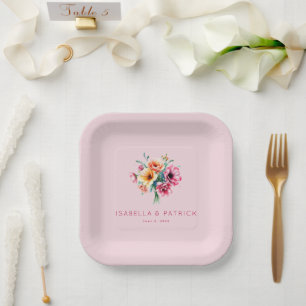 Plato De Papel Ramo Floral Acuarela Rosa Romántico