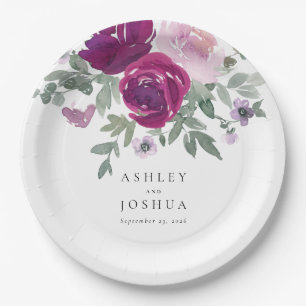 Plato De Papel Ramo floral de magenta con rubor, boda blanca