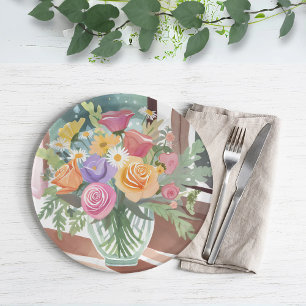Plato De Papel Ramo Floral de Primavera   Acuarela de Florero