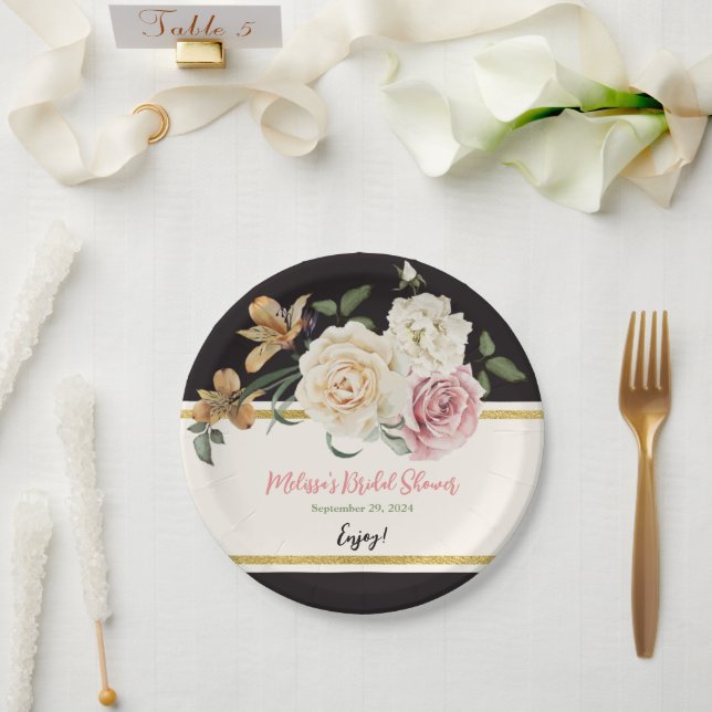 Plato De Papel Ramo Floral Negro, Marfil, Dorado (Boda)