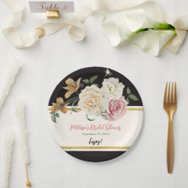 Plato De Papel Ramo Floral Negro, Marfil y Dorado