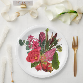 Plato De Papel Ramo tropical con flores rosas