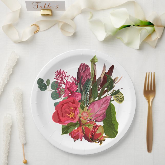 Plato De Papel Ramo tropical con flores rosas (Boda)