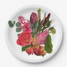 Plato De Papel Ramo tropical con flores rosas