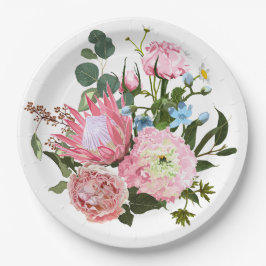 Plato De Papel Ramo tropical con flores rosas