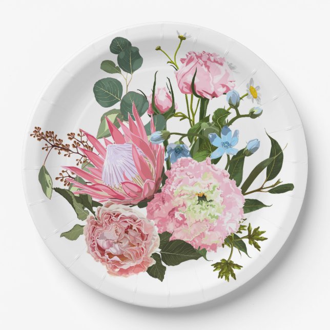 Plato De Papel Ramo tropical con flores rosas (Anverso)