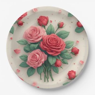 Plato De Papel Ramos de rosas rosadas y rojas elegantes