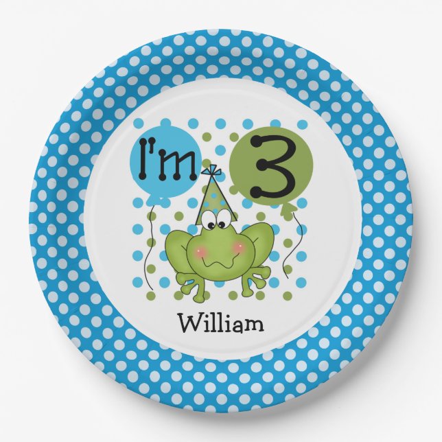Plato De Papel Rana azul 3Placas de papel de cumpleaños (Anverso)